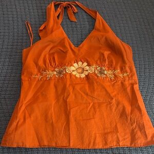 Vibrant Rust Color Floral Embroidered Halter Top